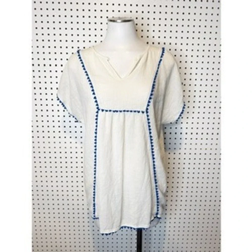 J. Crew | White Cotton‎ Gauze Peasant Style Tunic Top V Neck Short Sleeve Sz. XS